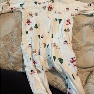 Festive Kids One Piece Pajama - White with Holiday Print